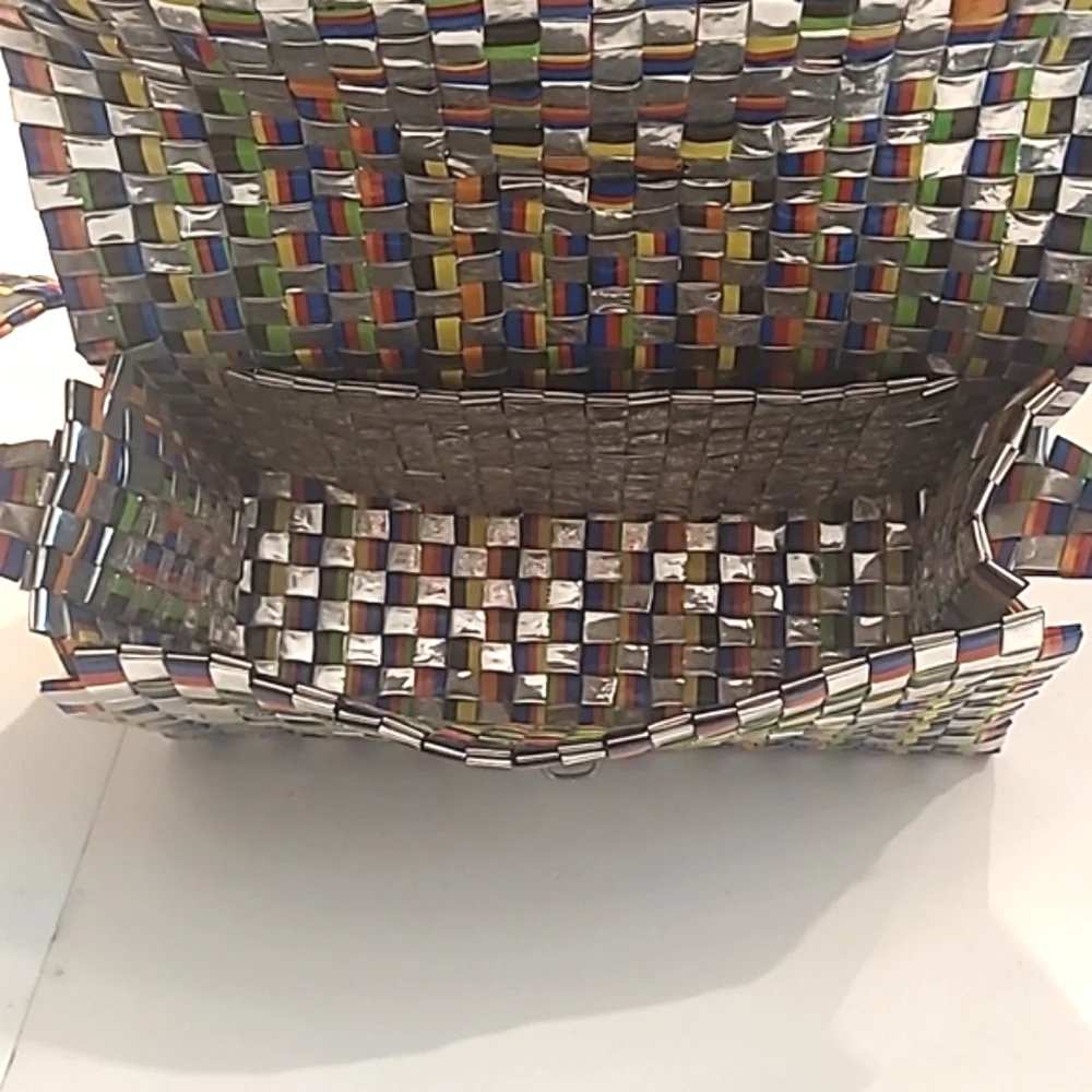 Colorful Woven Shoulder Bag Flap Closure Bright Shiny Handbag Artistic Patchwork